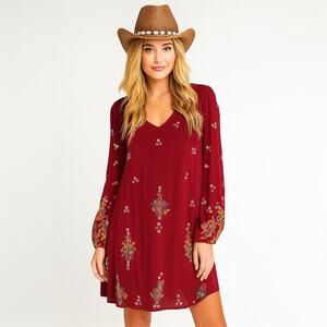 Free People Embroidered Balloon Sleeve Trapeze Dress EUC